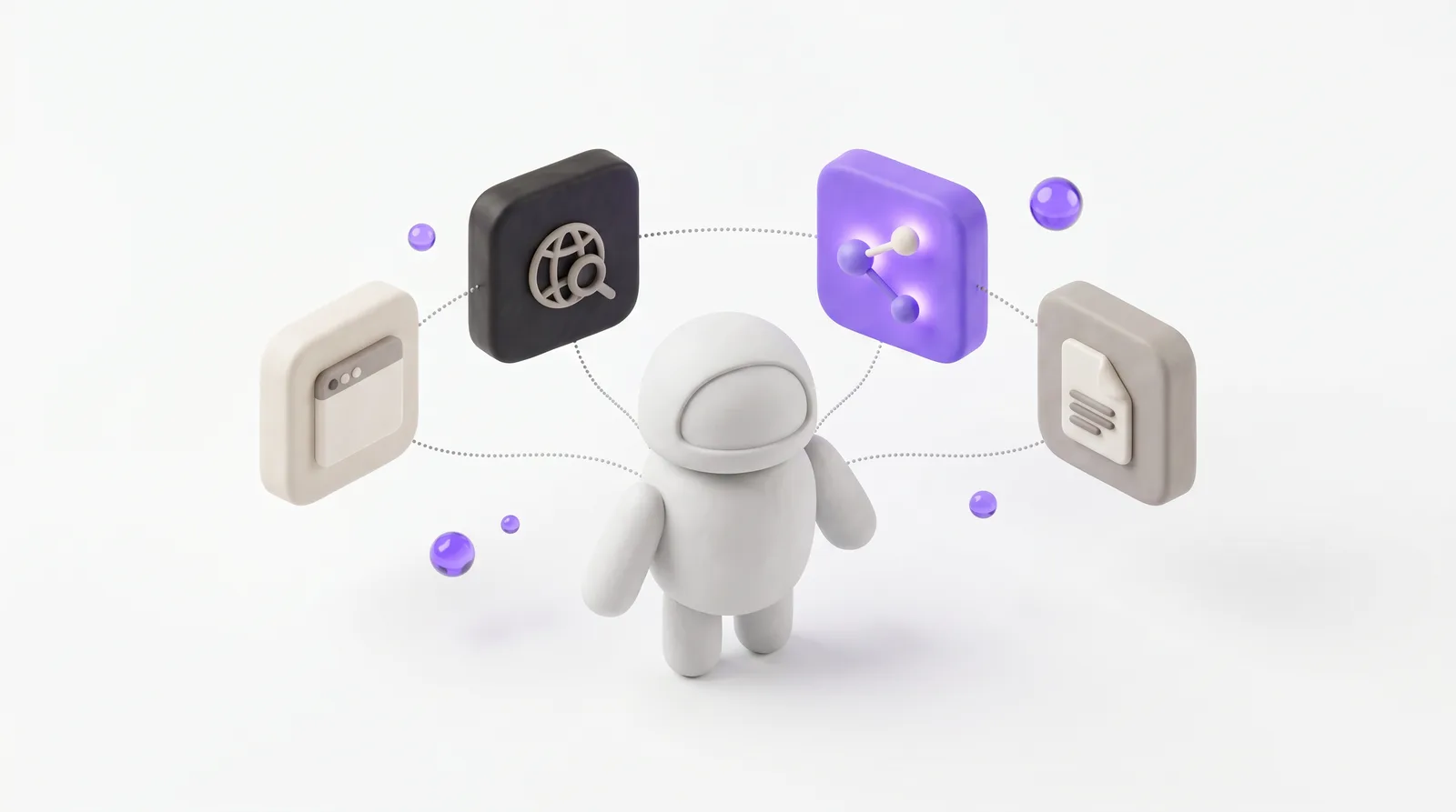 Clay illustration of a single agent surrounded by its built-in tools: a browser, web crawling, a graph database, and document generation.