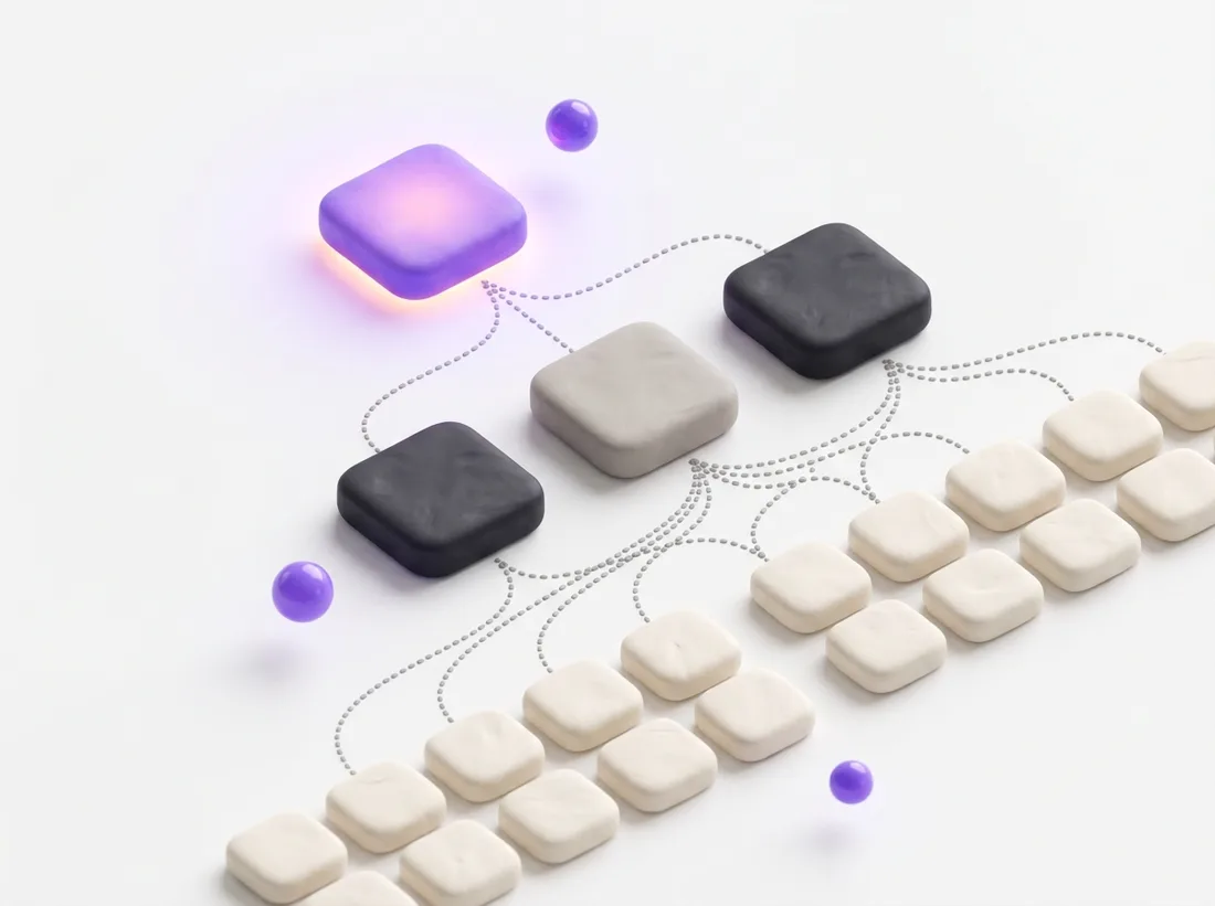 Clay illustration of a knowledge graph: a glowing goal tile linked down through task tiles to a wide field of evidence tiles.