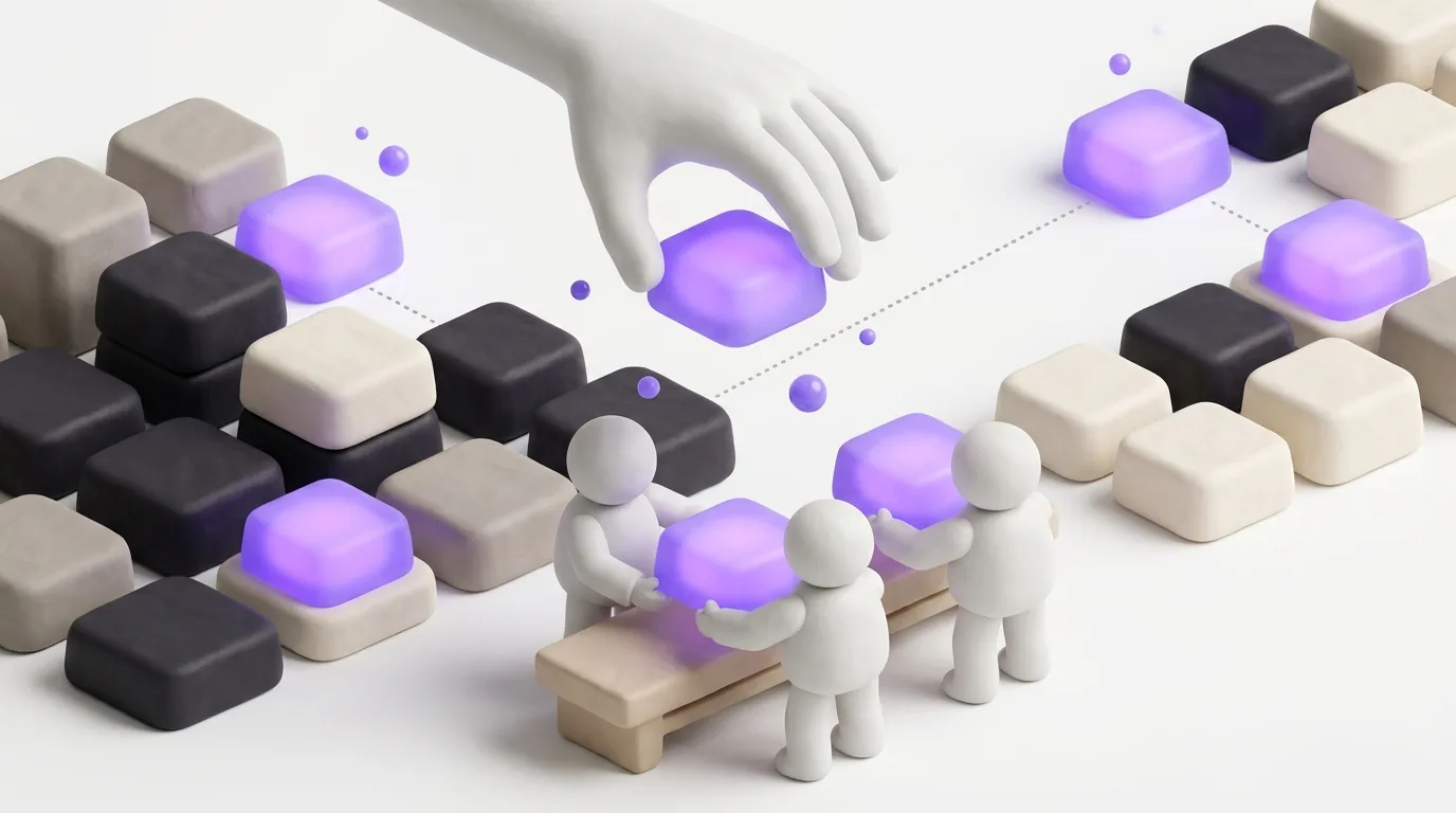 Clay illustration: a line of AI agents completing work and handing a finished, glowing task up to a human hand to approve.