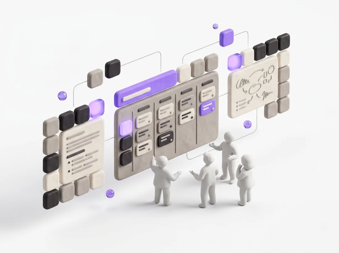 Clay illustration of a shared team workspace with a wiki panel, a kanban board, and a whiteboard, with clay teammates collaborating around it.