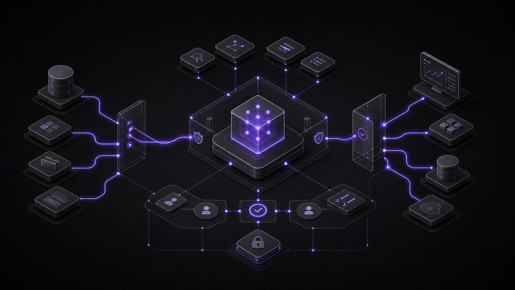 Isometric hub with a central core connected to data sources, identity and tools