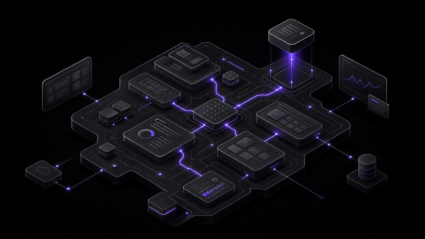 Isometric platform of connected application panels, dashboards and services