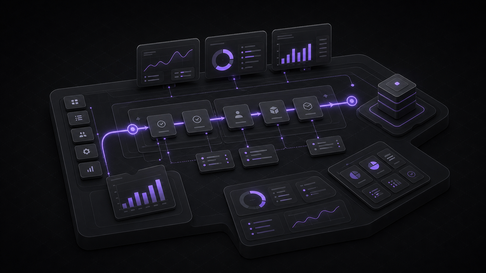 Isometric workflow board with pipeline steps, dashboards and reporting panels
