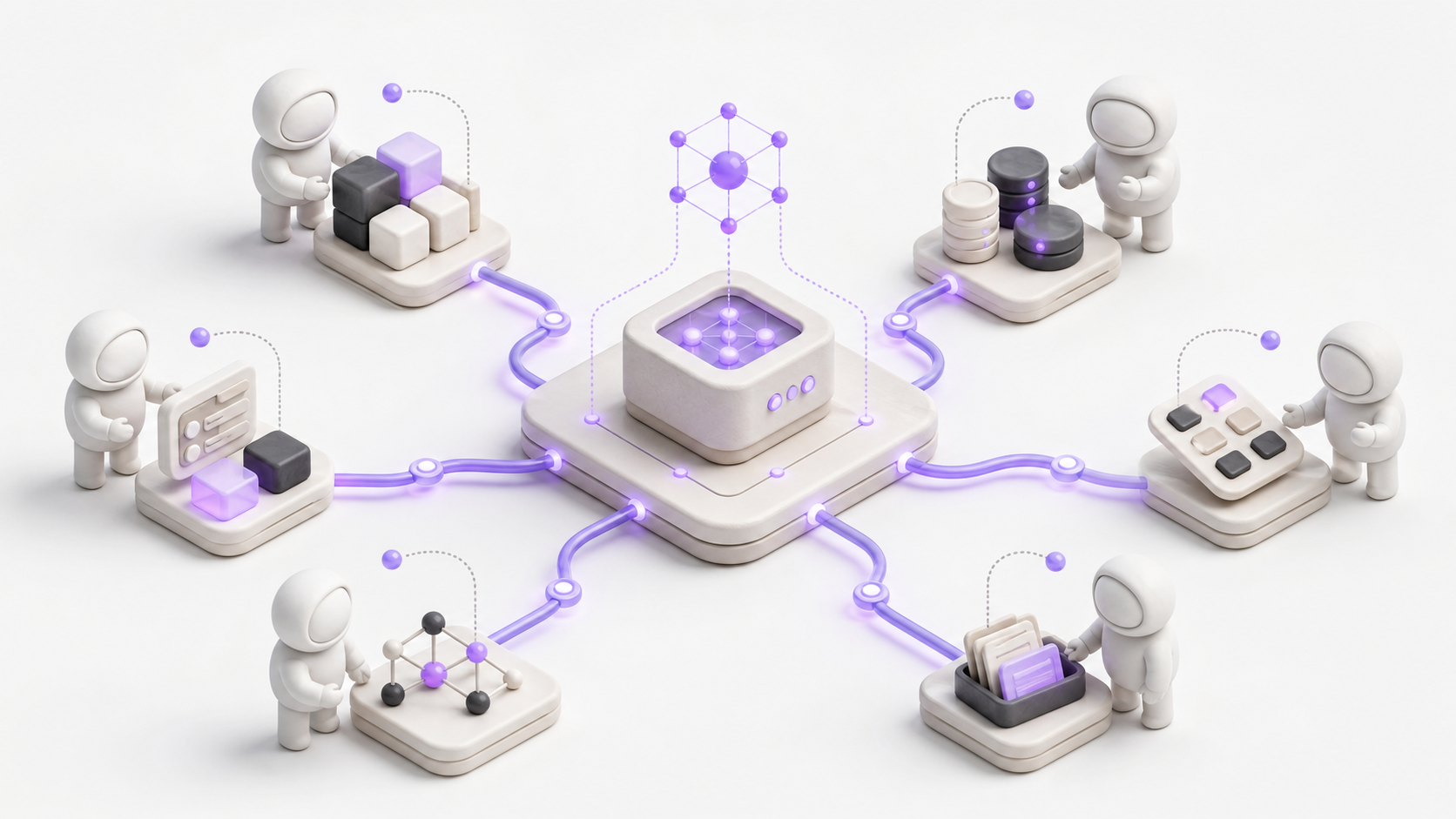 Clay illustration of several small agents connecting through one shared Cerebro knowledge layer.