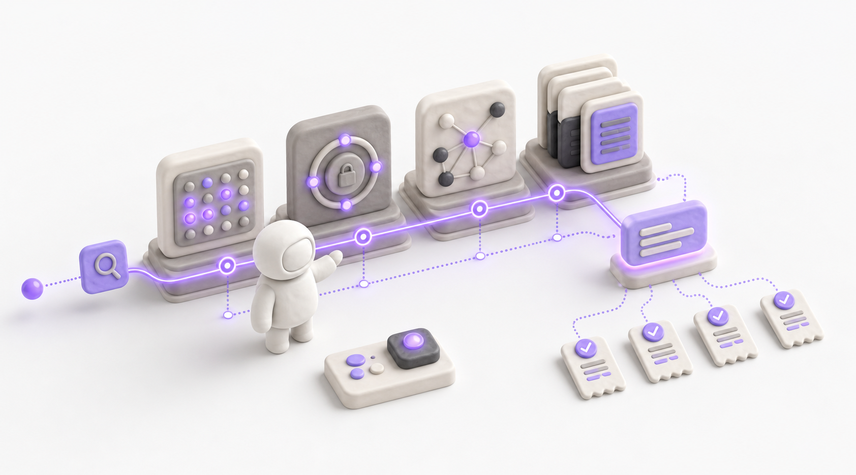 Clay illustration of an agent retrieving a cited answer through vector search, rules, graph and source receipt tools.