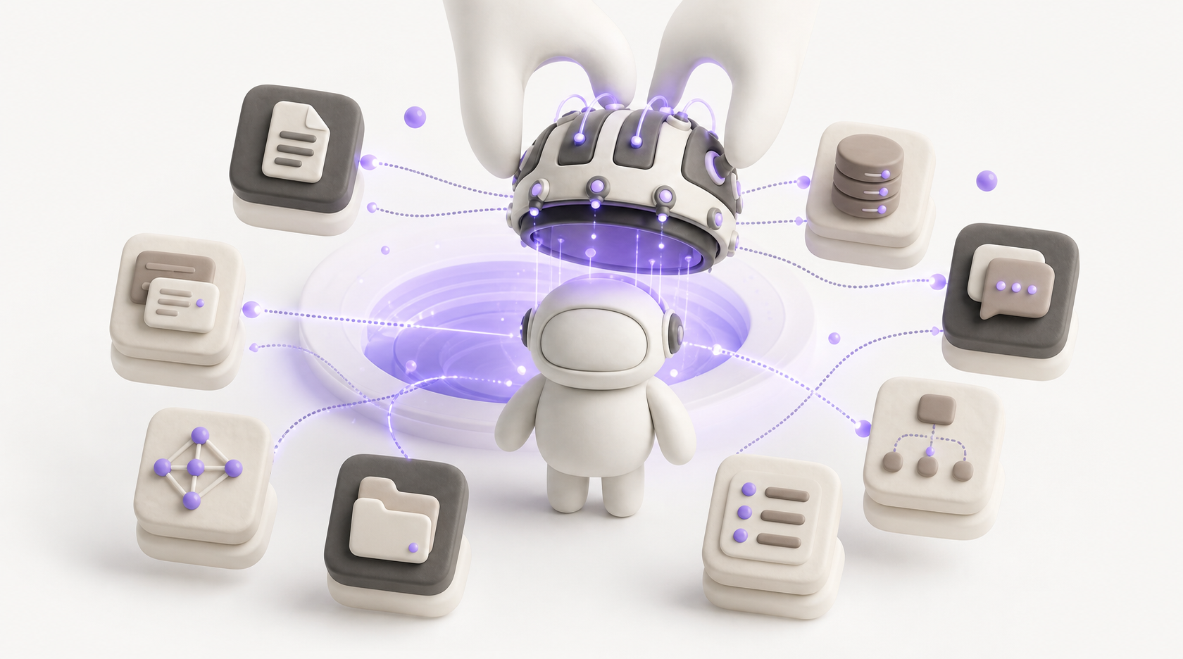 Clay illustration of a small agent receiving a neural interface helmet connected to governed knowledge source tiles.