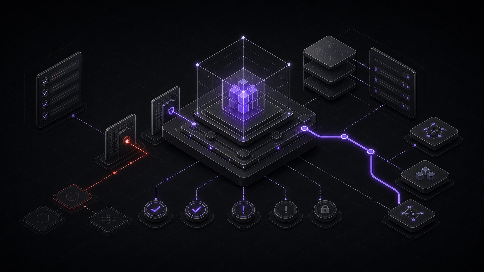 Isometric core surrounded by governance checks, validation and readiness signals