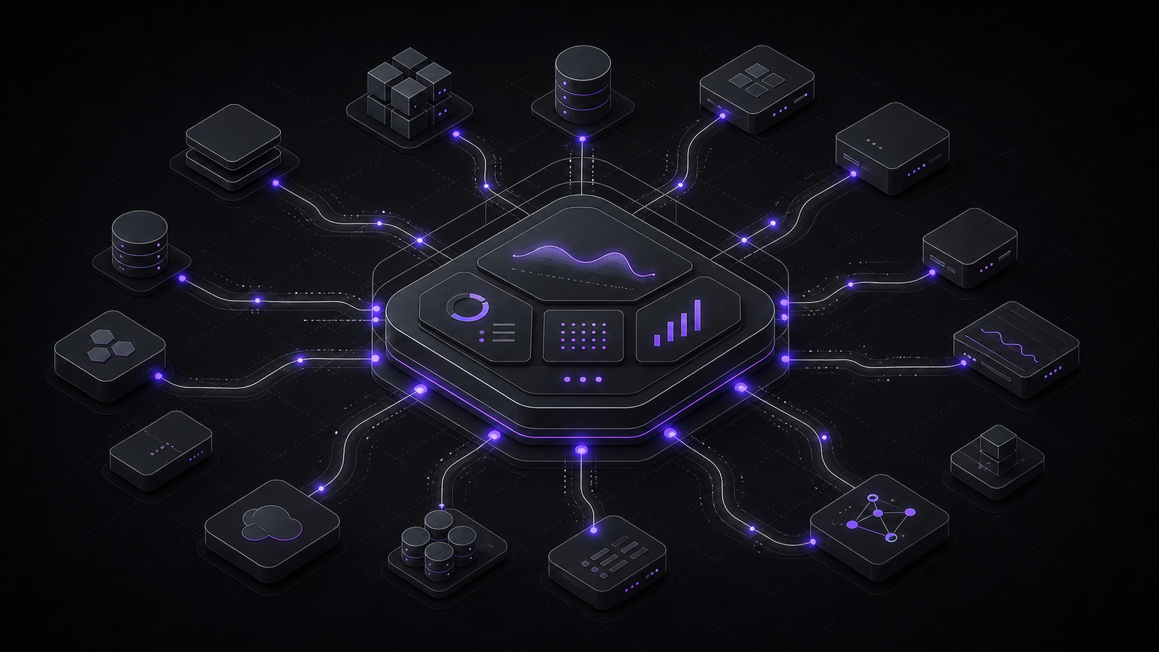 Isometric dashboard hub pulling many data sources into one clear view