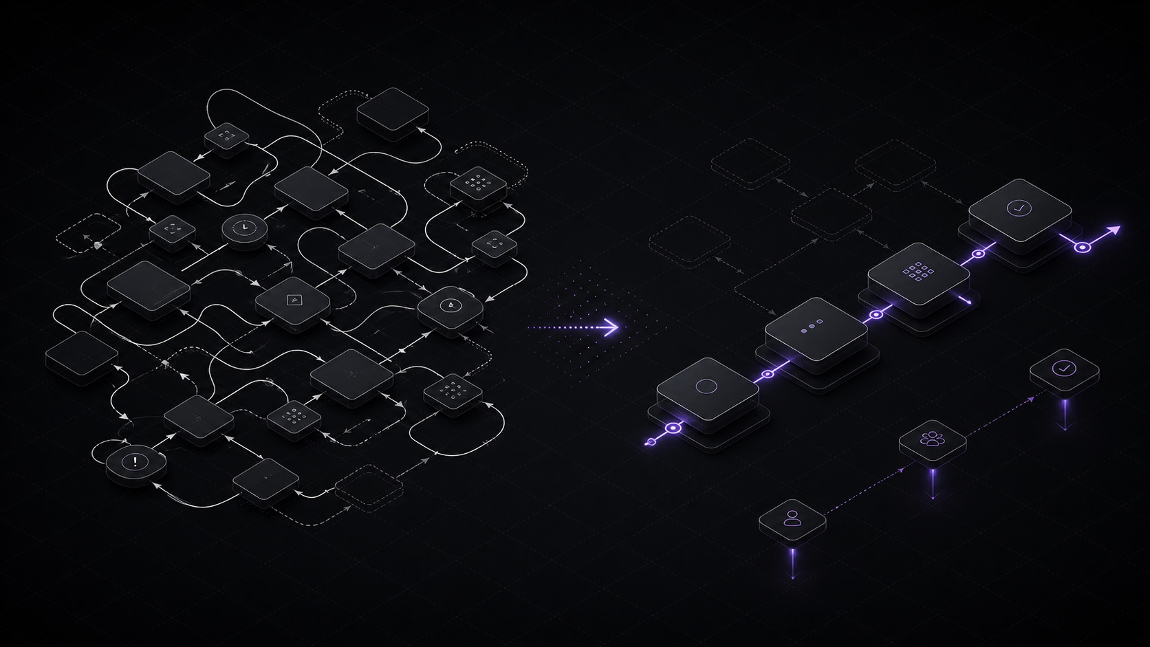 Isometric of a tangled process on the left resolving into a clean ordered flow on the right