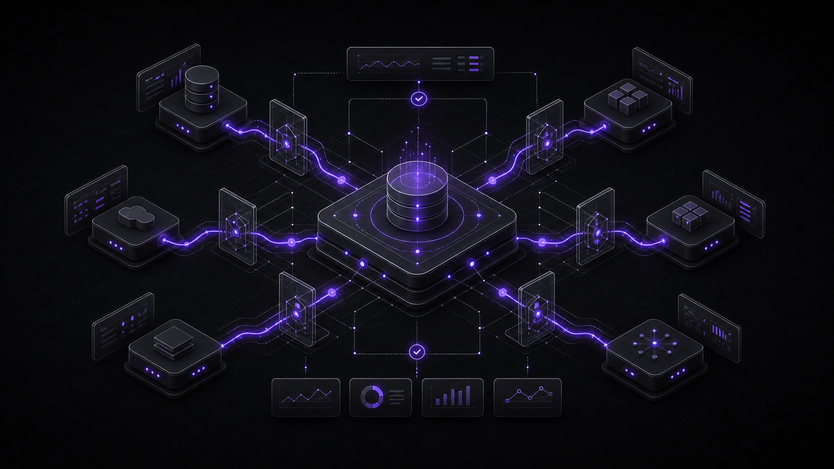 Isometric central hub linking many disparate systems into one integrated flow