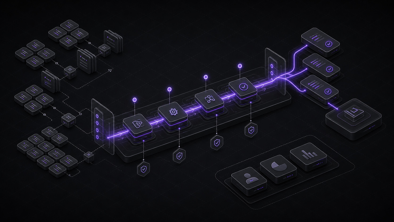 Isometric automated pipeline of stages with a glowing flow running through it