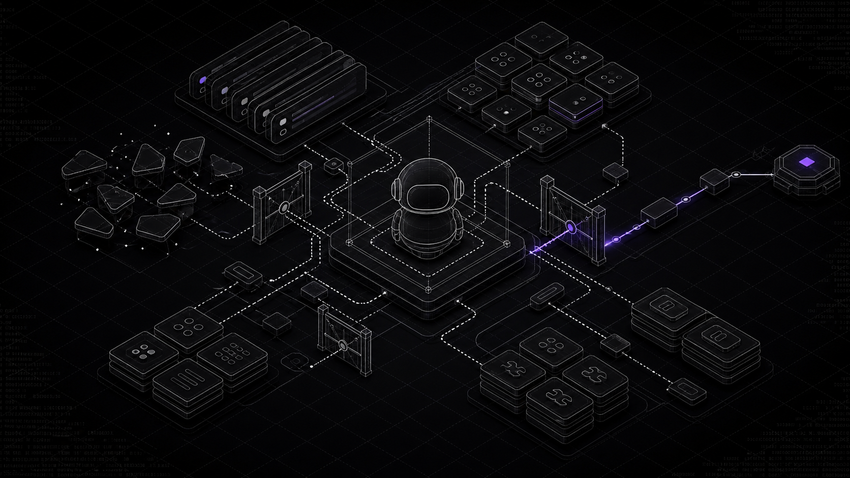 Isometric illustration of an AI agent at the centre, wired out to its tools, memory and permission gates.