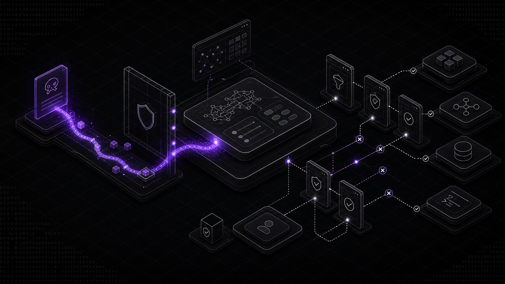 Isometric threat-model diagram showing untrusted content crossing a boundary toward guarded tool access.