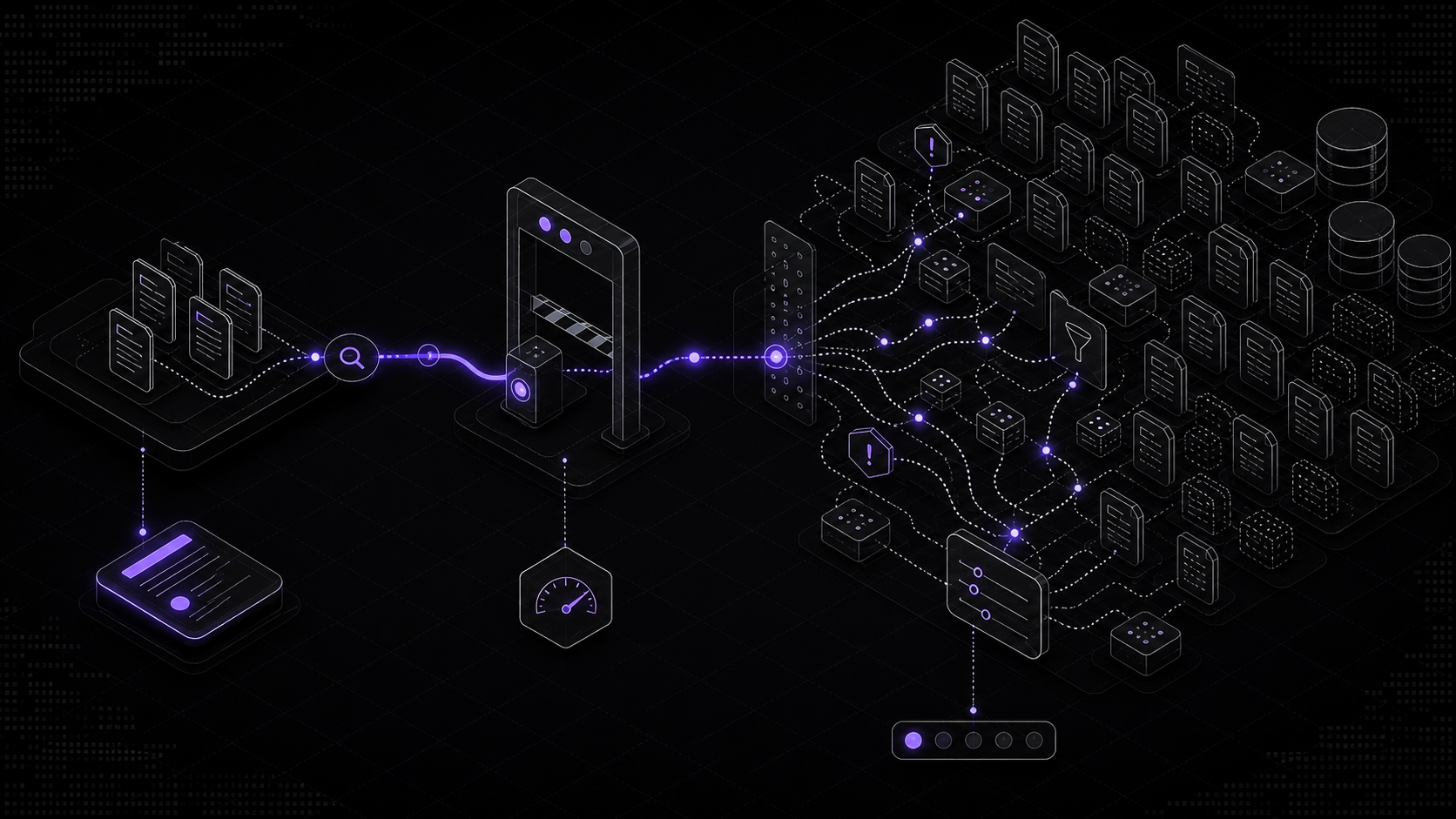 Isometric illustration of a query passing through a retrieval scanner into a large document corpus.