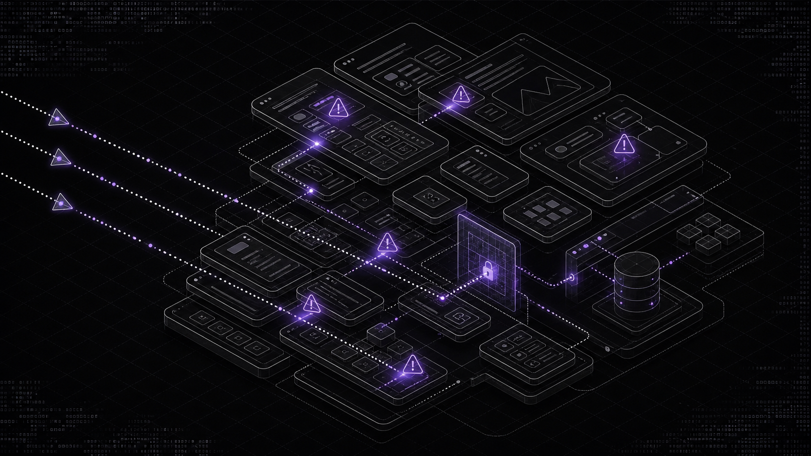Isometric illustration of an app's UI surface lit with vulnerability alerts as attacks stream in.